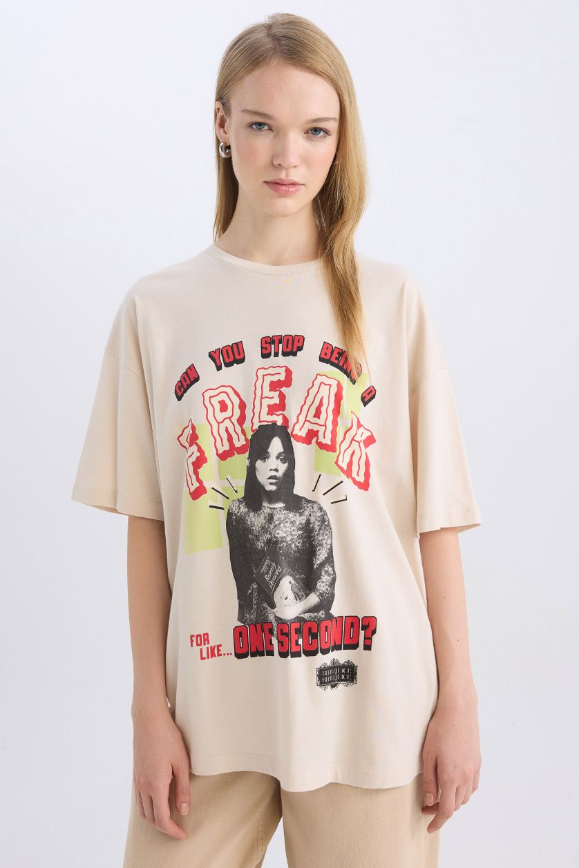 Kadın Taş Beetlejuice Oversize Geniş Kalıp Bisiklet Yaka Baskılı Kısa Kollu Tişört