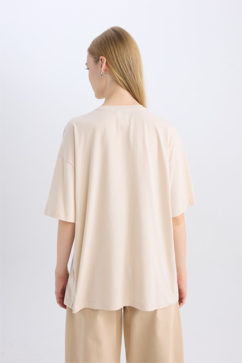 Kadın Taş Beetlejuice Oversize Geniş Kalıp Bisiklet Yaka Baskılı Kısa Kollu Tişört