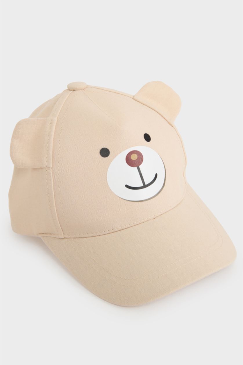 Erkek Bebek Bej Ayıcıklı Şapka Erkek Bebek