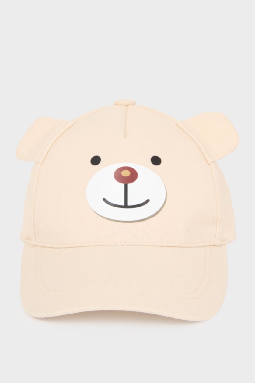 Erkek Bebek Bej Ayıcıklı Şapka Erkek Bebek
