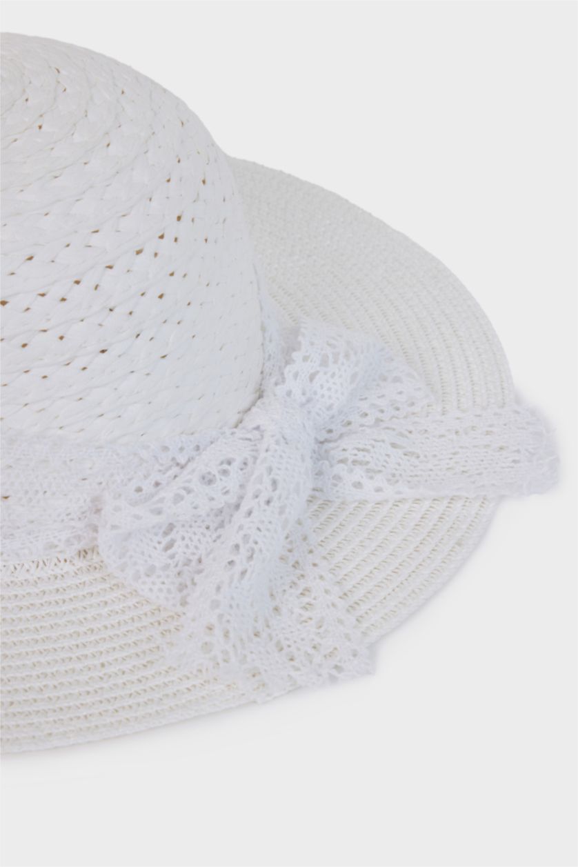 Kız Çocuk - Genç Kız Bej Dantel Hasır Şapka Kız Çocuk
