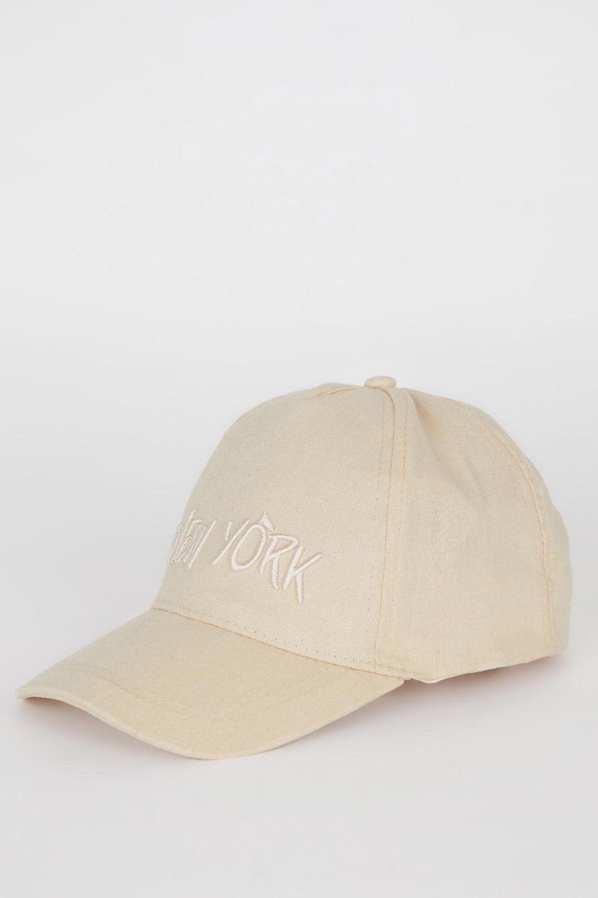 Kız Çocuk - Genç Kız Bej Nakışlı Keten Karışımlı Cap Şapka Kız Çocuk