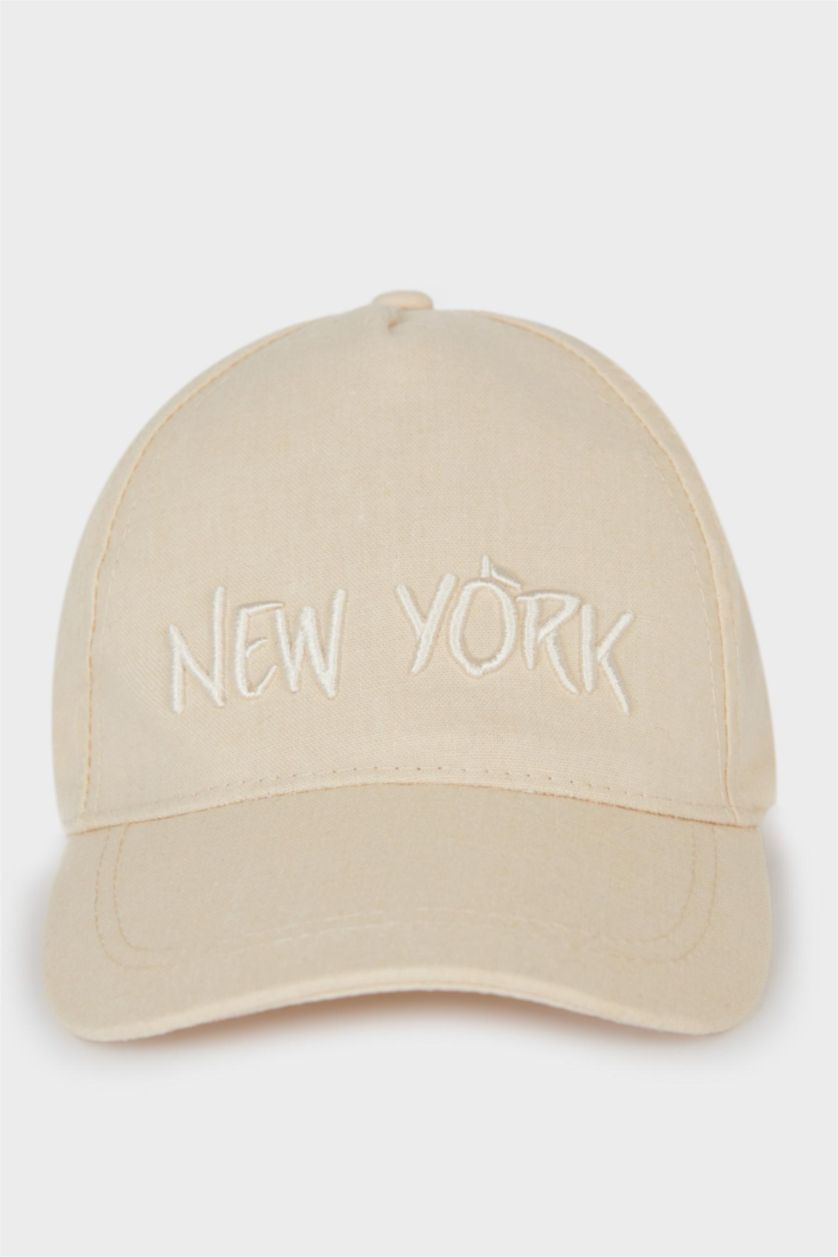 Kız Çocuk - Genç Kız Bej Nakışlı Keten Karışımlı Cap Şapka Kız Çocuk