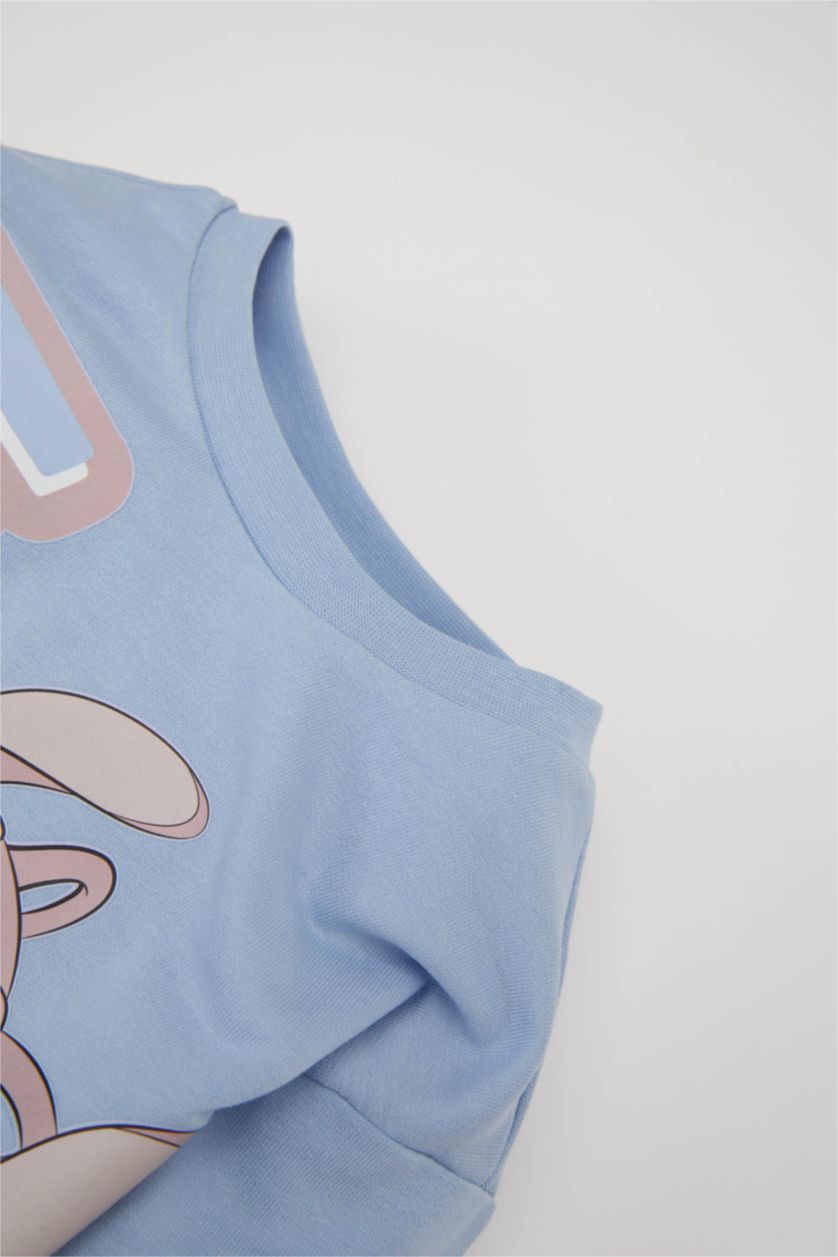 طفلة صغيرة أزرق فاتح فستان قماش رقيق ردن طويل بياخة مستديرة ليلو وستيتش مرخص من