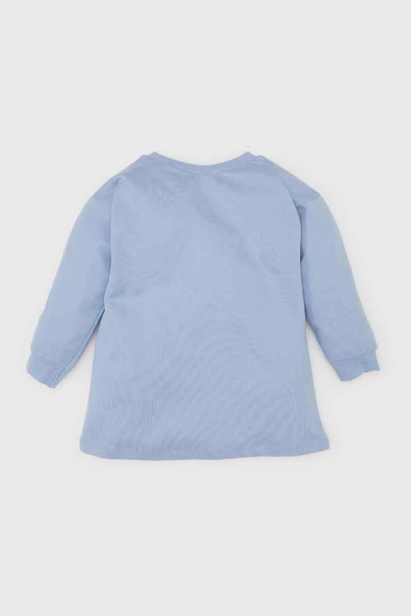 طفلة صغيرة أزرق فاتح فستان قماش رقيق ردن طويل بياخة مستديرة ليلو وستيتش مرخص من