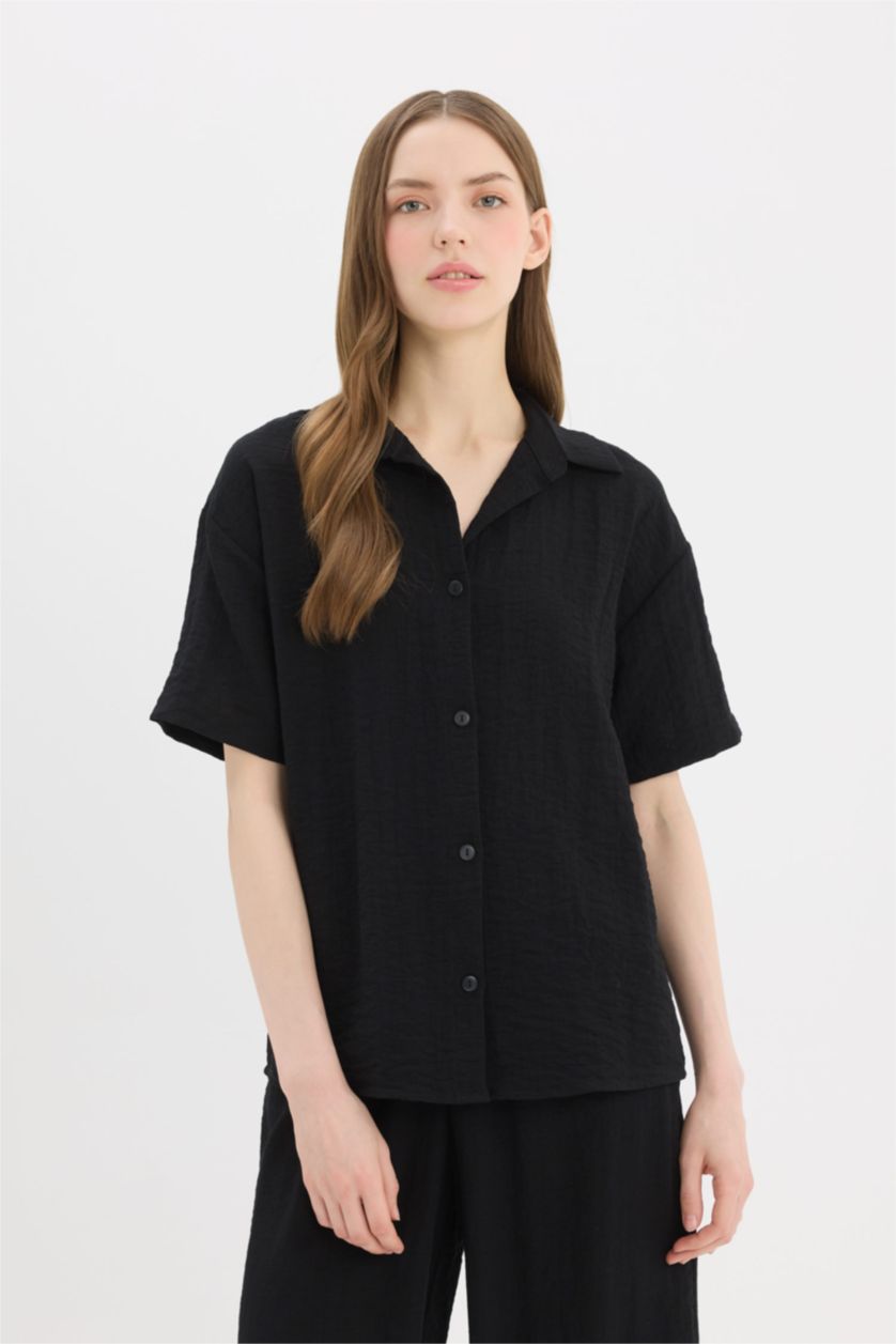 WOMAN Black Oversize Fit Shirt Collar Linen Look Short Sleeve Shirt