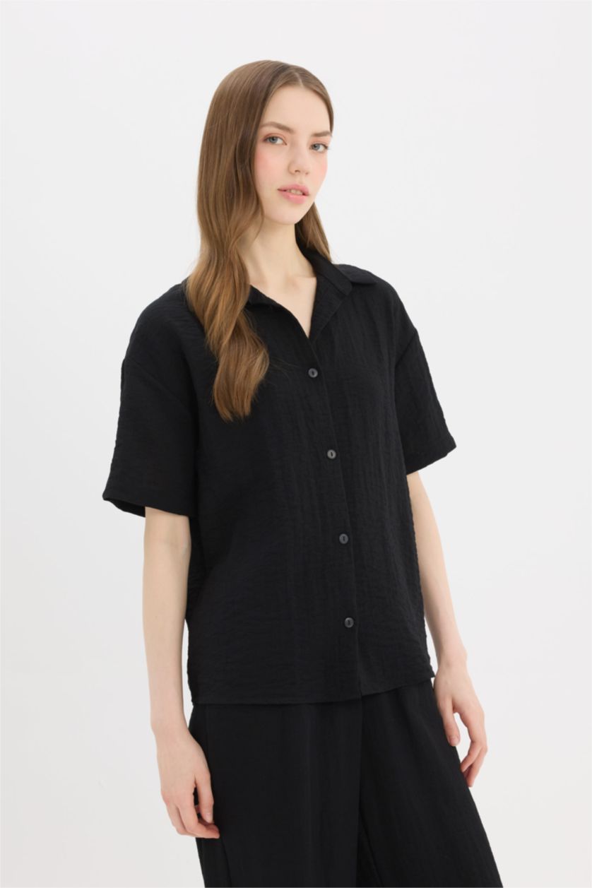 WOMAN Black Oversize Fit Shirt Collar Linen Look Short Sleeve Shirt