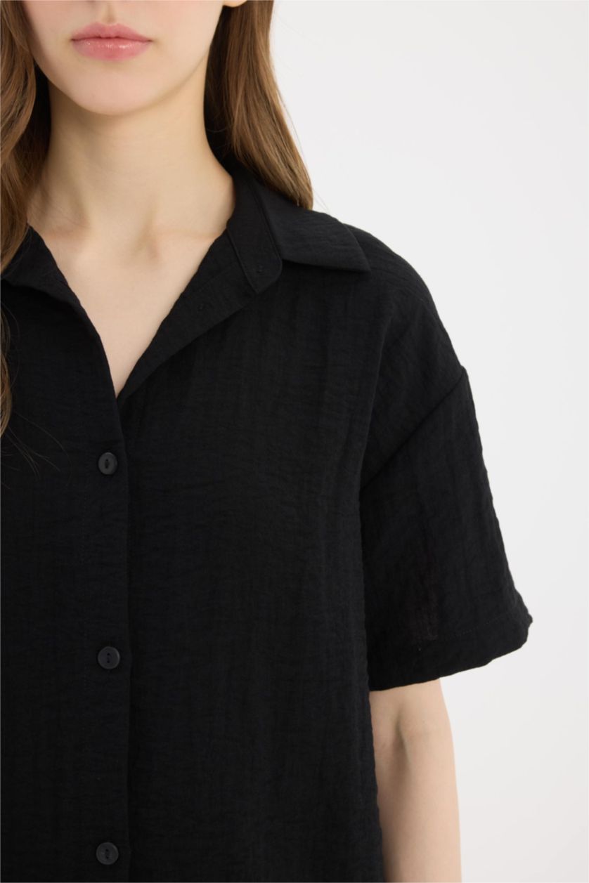 WOMAN Black Oversize Fit Shirt Collar Linen Look Short Sleeve Shirt