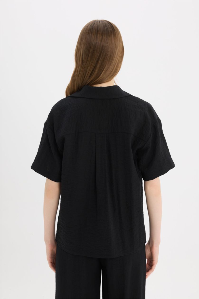 WOMAN Black Oversize Fit Shirt Collar Linen Look Short Sleeve Shirt