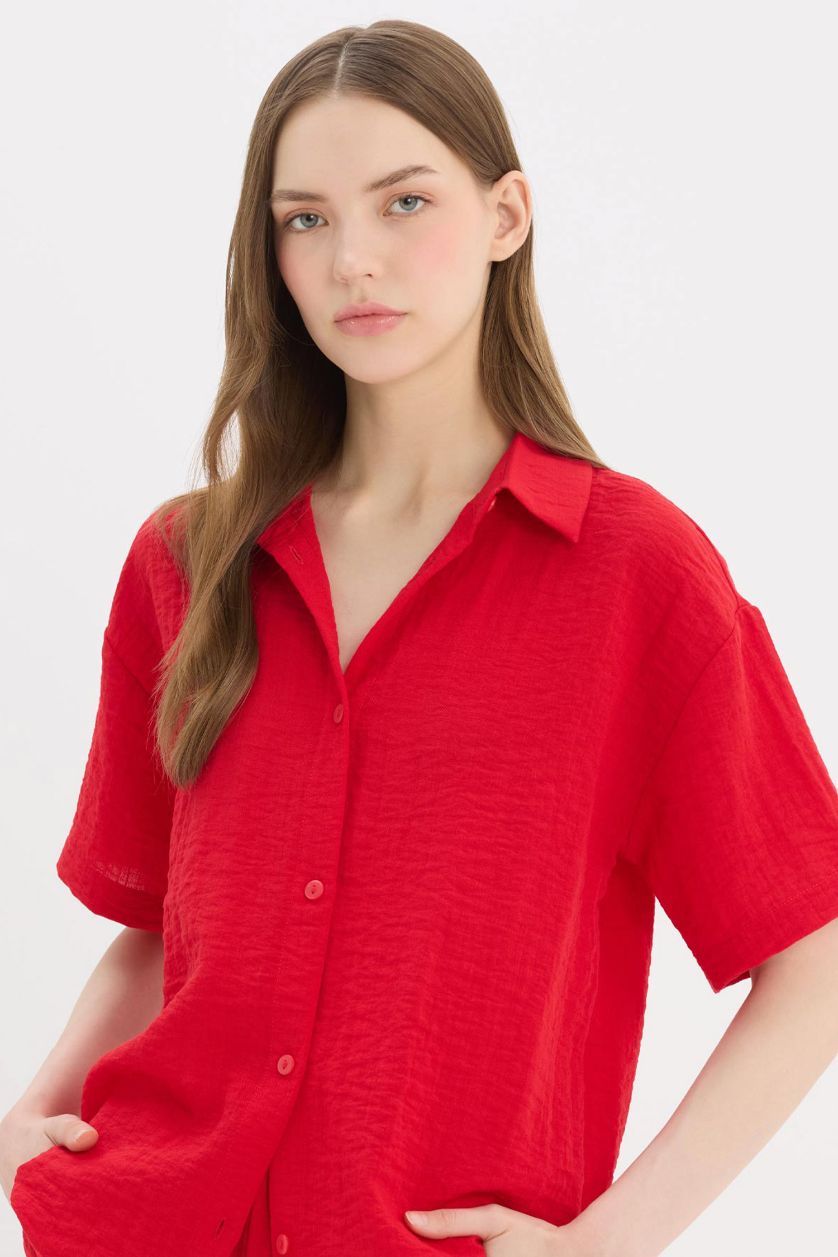 WOMAN Red Oversize Fit Shirt Collar Linen Look Short Sleeve Shirt