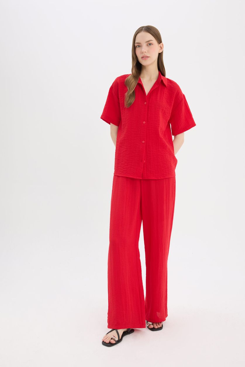 WOMAN Red Oversize Fit Shirt Collar Linen Look Short Sleeve Shirt