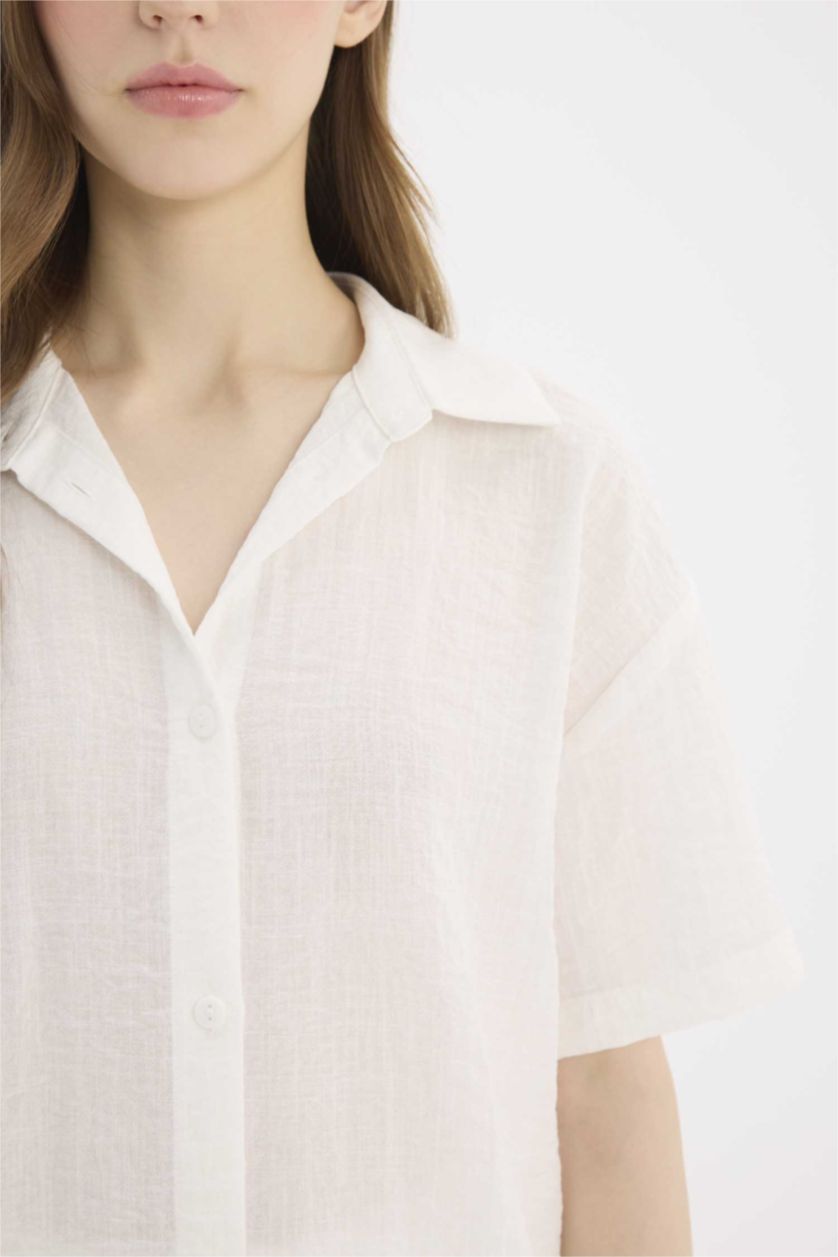 WOMAN White Oversize Fit Shirt Collar Linen Look Short Sleeve Shirt