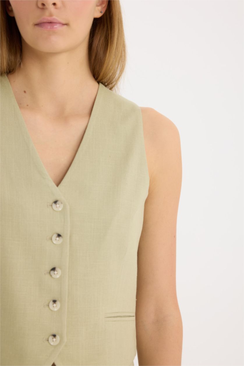 Женщины Светлый хаки Жилет из смесового льна с V-образным вырезом