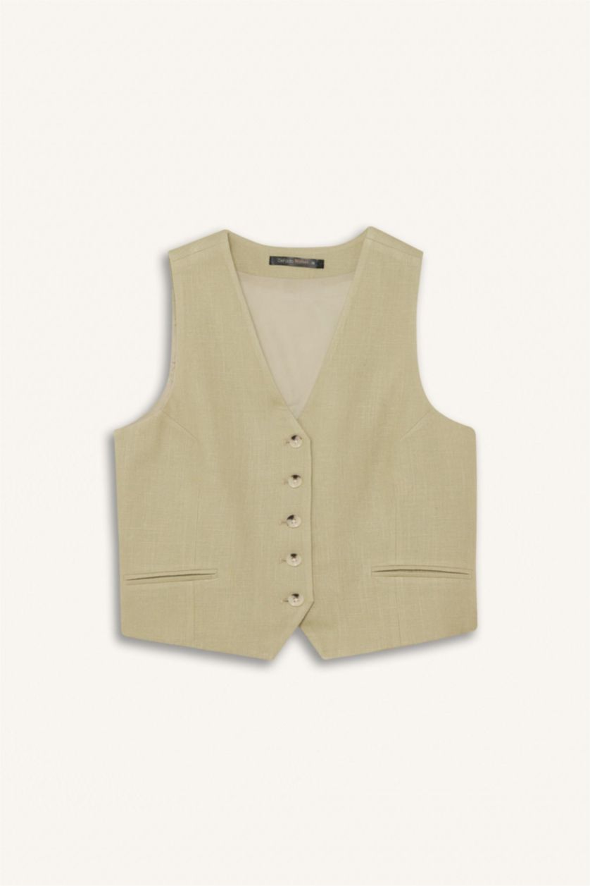 Женщины Светлый хаки Жилет из смесового льна с V-образным вырезом