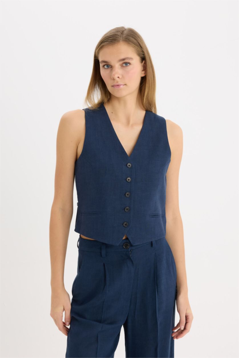 Woman NAVY V Neck Linen Blend Vest