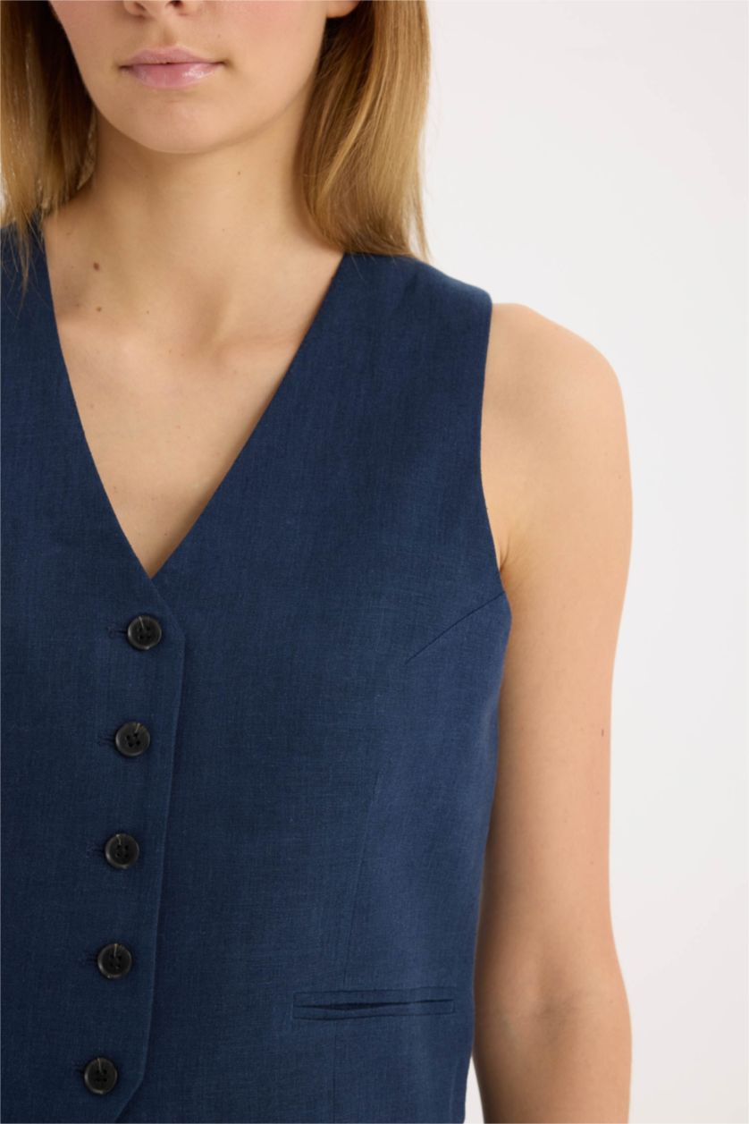 Woman NAVY V Neck Linen Blend Vest