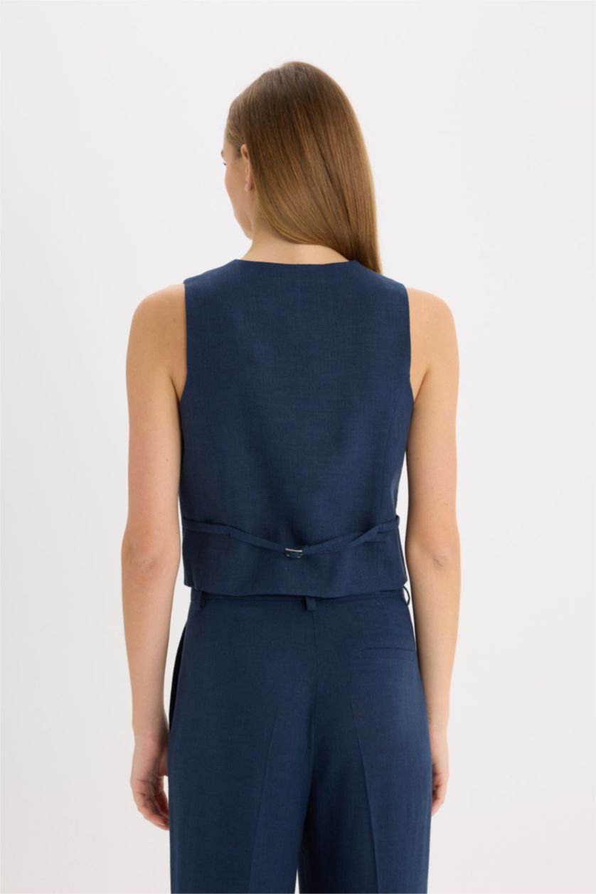 Woman NAVY V Neck Linen Blend Vest