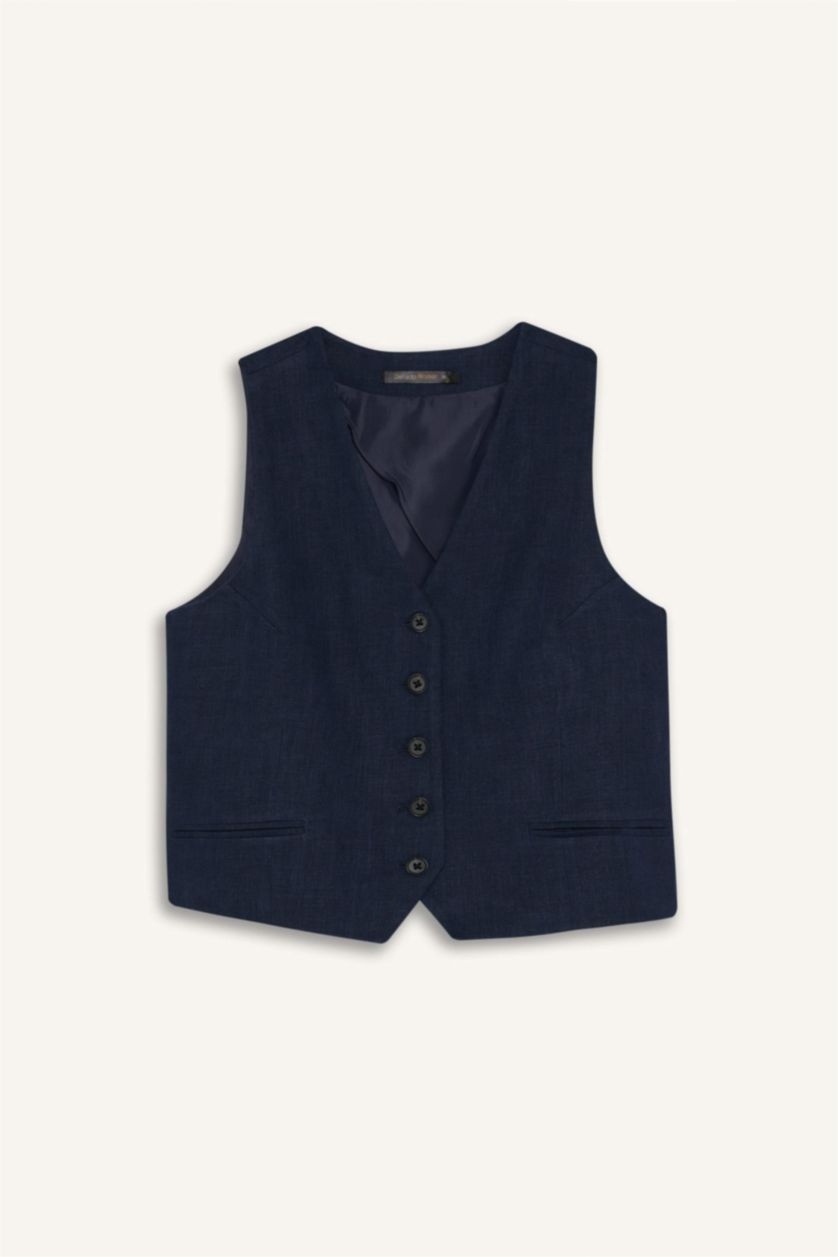 Woman NAVY V Neck Linen Blend Vest