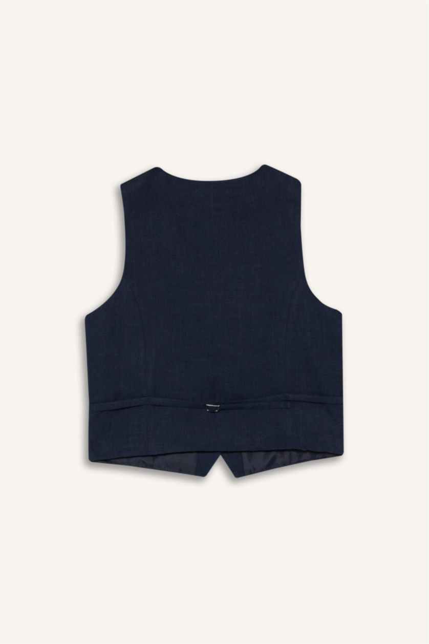 Woman NAVY V Neck Linen Blend Vest