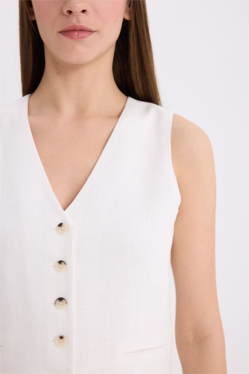 Woman White V Neck Linen Blend Vest