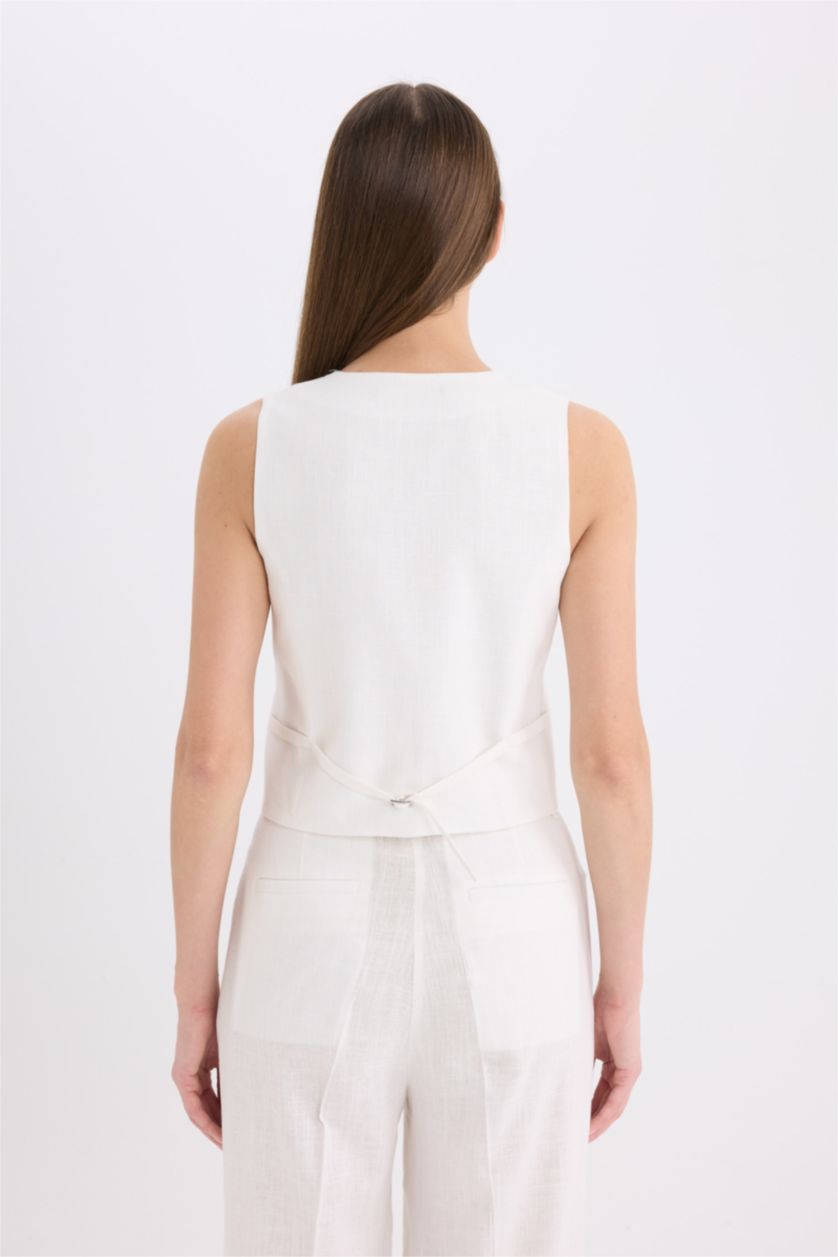 Woman White V Neck Linen Blend Vest