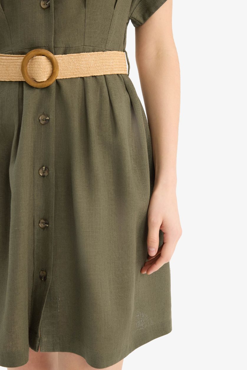 Kadın Açık Haki Gömlek Yaka Kemerli Keten Karışımlı Kısa Kollu Mini Elbise