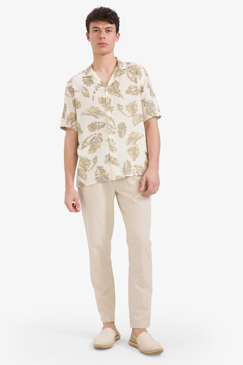 Erkek Ekru Regular Fit Polo Yaka Desenli Yazlık Kısa Kollu Gömlek