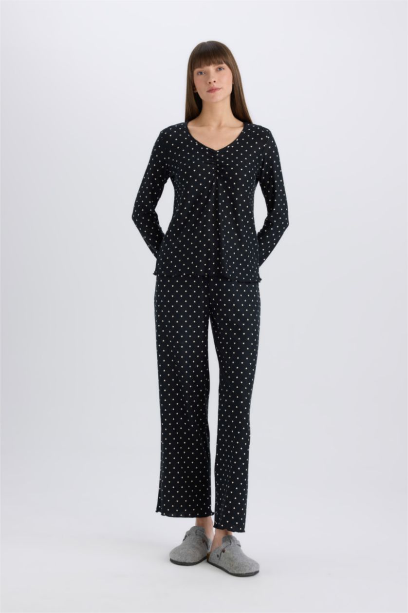 Kadın Siyah Pijama Takımı Softshell Uzun Kollu Üst Beli Lastikli Uzun Alt