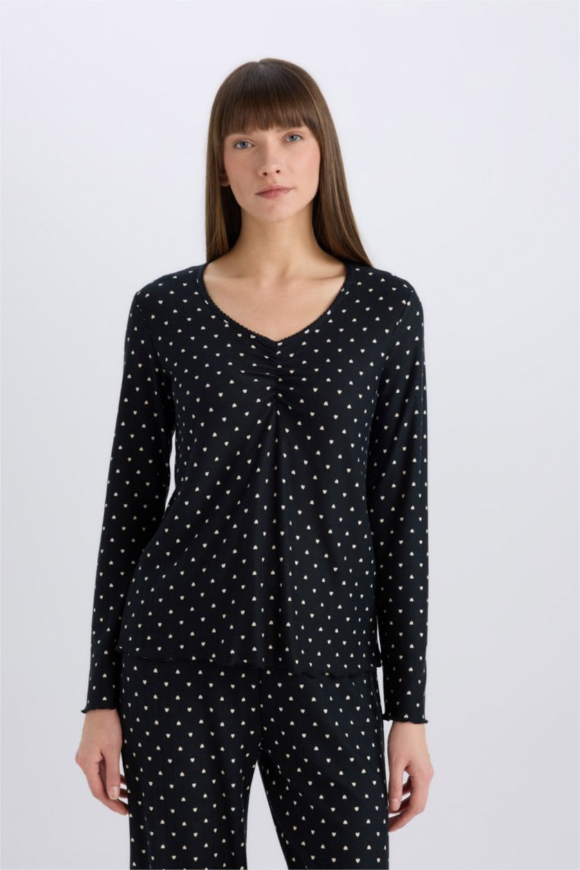 Kadın Siyah Pijama Takımı Softshell Uzun Kollu Üst Beli Lastikli Uzun Alt