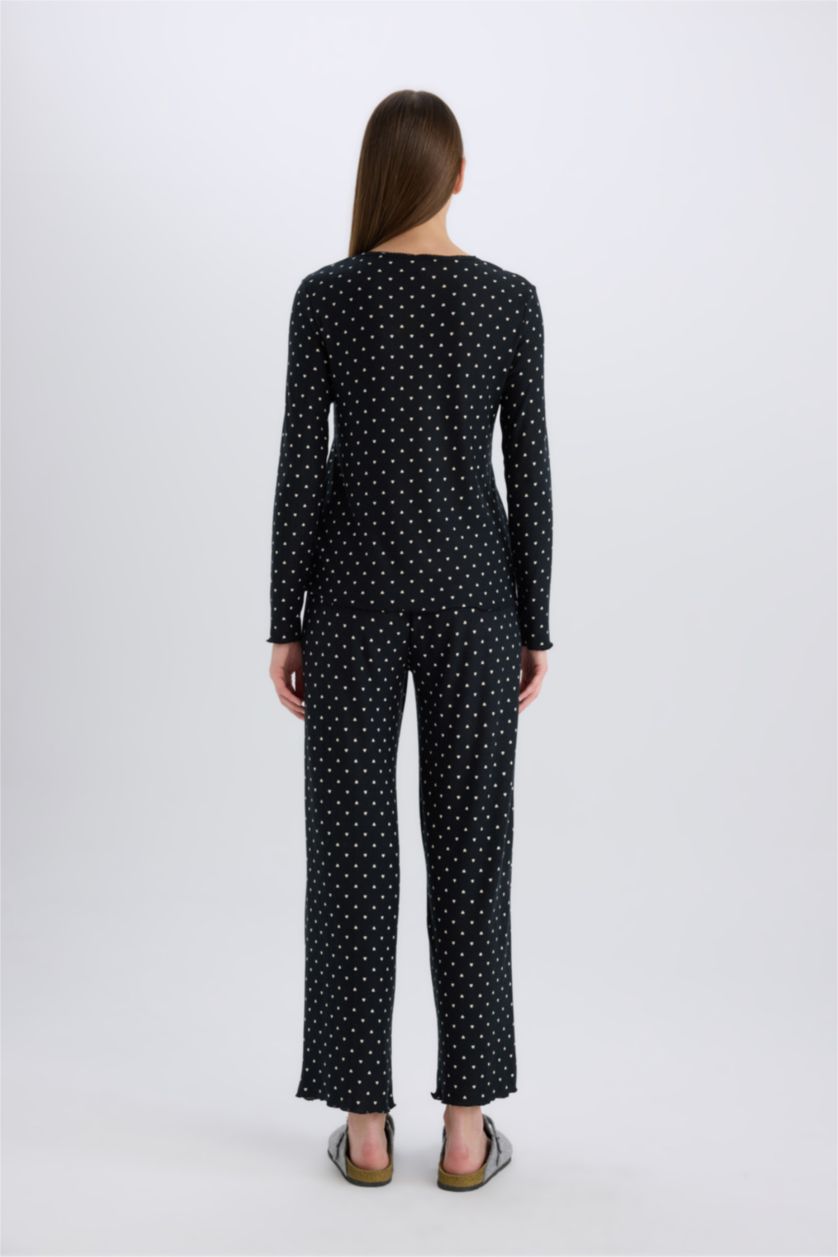 Kadın Siyah Pijama Takımı Softshell Uzun Kollu Üst Beli Lastikli Uzun Alt