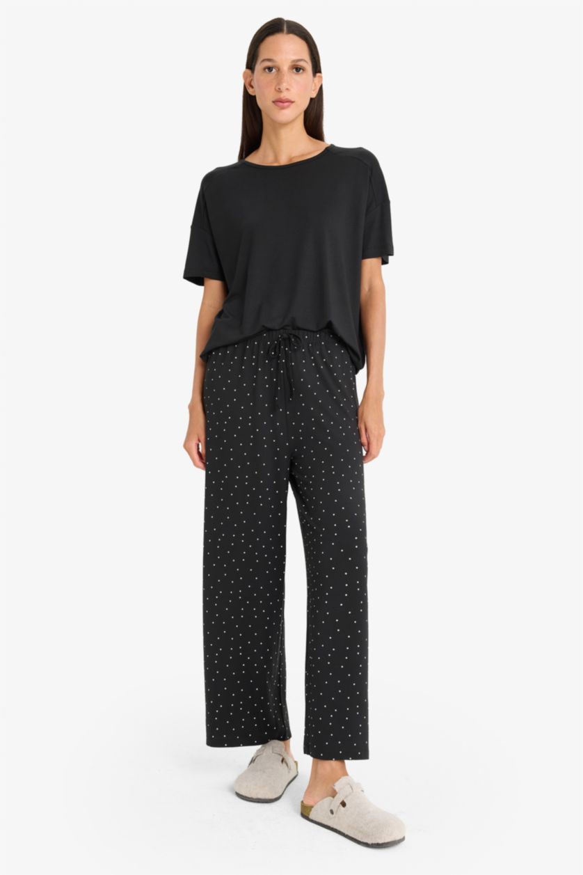 Kadın Siyah Pijama Takımı Kısa Kollu Üst Beli Lastikli Uzun Alt