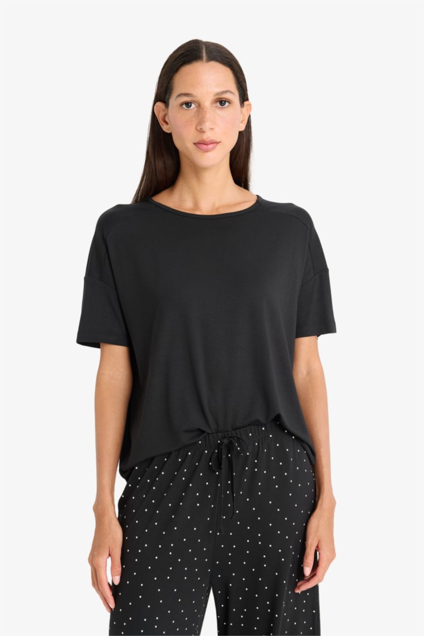 Kadın Siyah Pijama Takımı Kısa Kollu Üst Beli Lastikli Uzun Alt