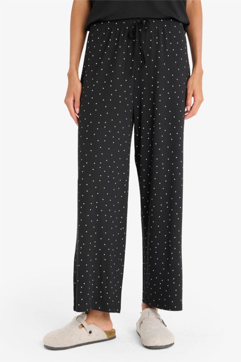 Kadın Siyah Pijama Takımı Kısa Kollu Üst Beli Lastikli Uzun Alt