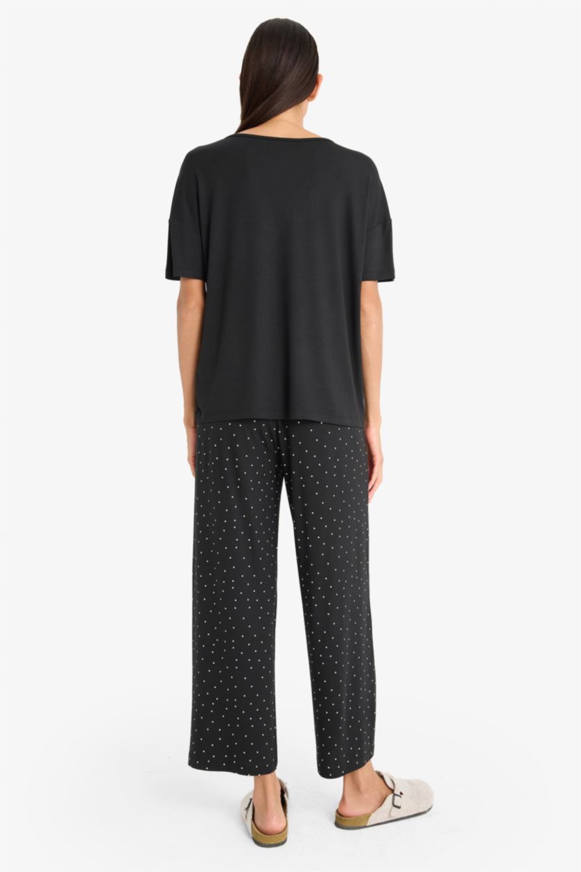 Kadın Siyah Pijama Takımı Kısa Kollu Üst Beli Lastikli Uzun Alt