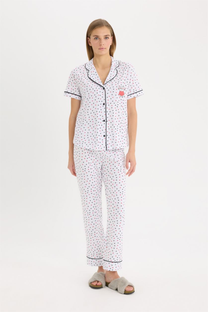 Kadın Ekru Pijama Takımı Kısa Kollu Düğmeli Üst Beli Lastikli Uzun Alt