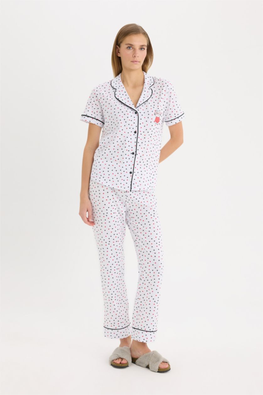 Kadın Ekru Pijama Takımı Kısa Kollu Düğmeli Üst Beli Lastikli Uzun Alt