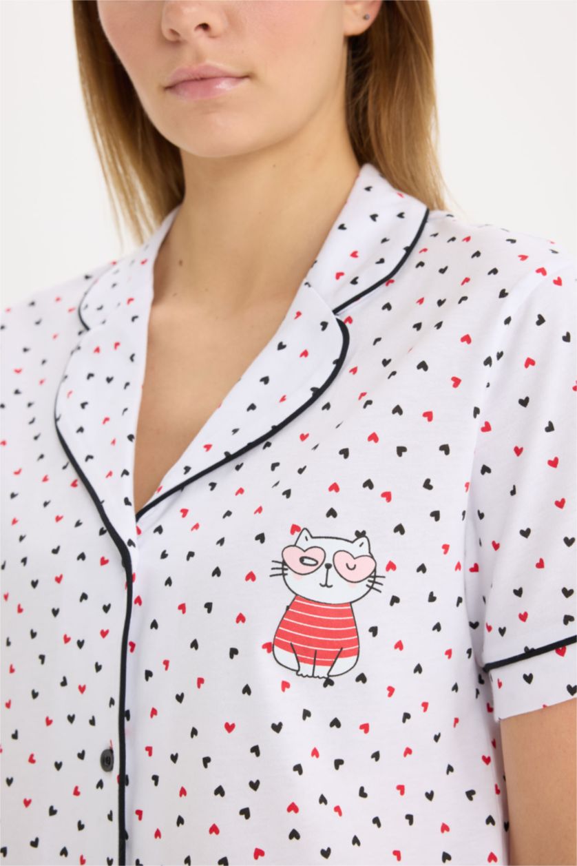 Kadın Ekru Pijama Takımı Kısa Kollu Düğmeli Üst Beli Lastikli Uzun Alt