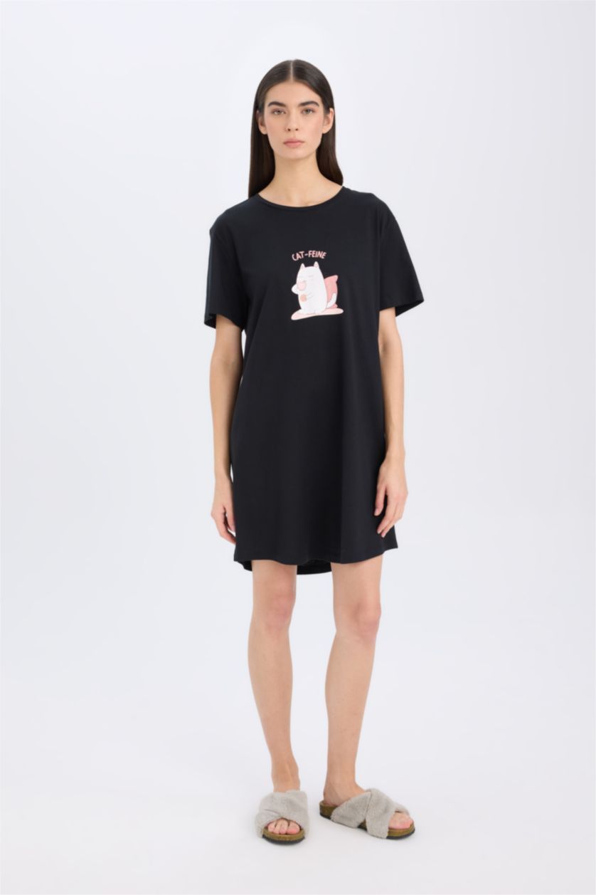 WOMAN Black Short Sleeve Printed Nightgown