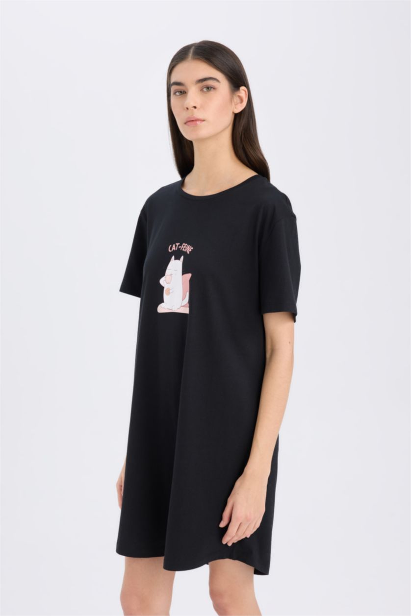 WOMAN Black Short Sleeve Printed Nightgown