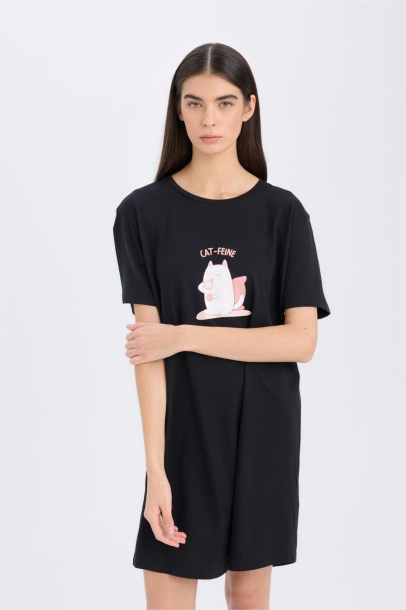 WOMAN Black Short Sleeve Printed Nightgown