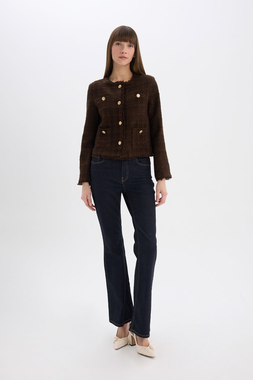 Kadın Açık Kahve Regular Fıt Bisiklet Yaka Tweed Blazer Ceket