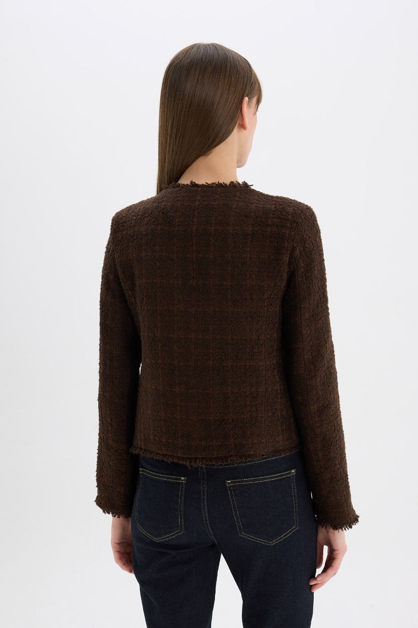 Kadın Açık Kahve Regular Fıt Bisiklet Yaka Tweed Blazer Ceket