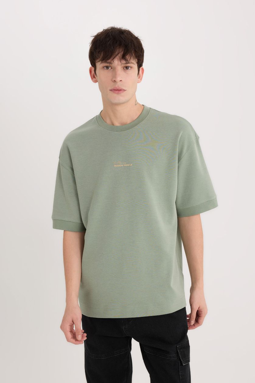 Erkek Açık Yeşil Loose Fit Bisiklet Yaka Baskılı Ağır Kumaş Tişört