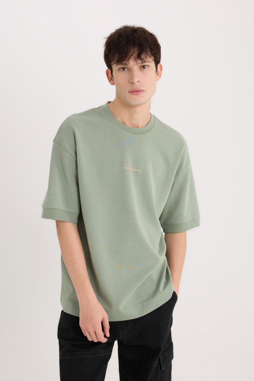 Erkek Açık Yeşil Loose Fit Bisiklet Yaka Baskılı Ağır Kumaş Tişört