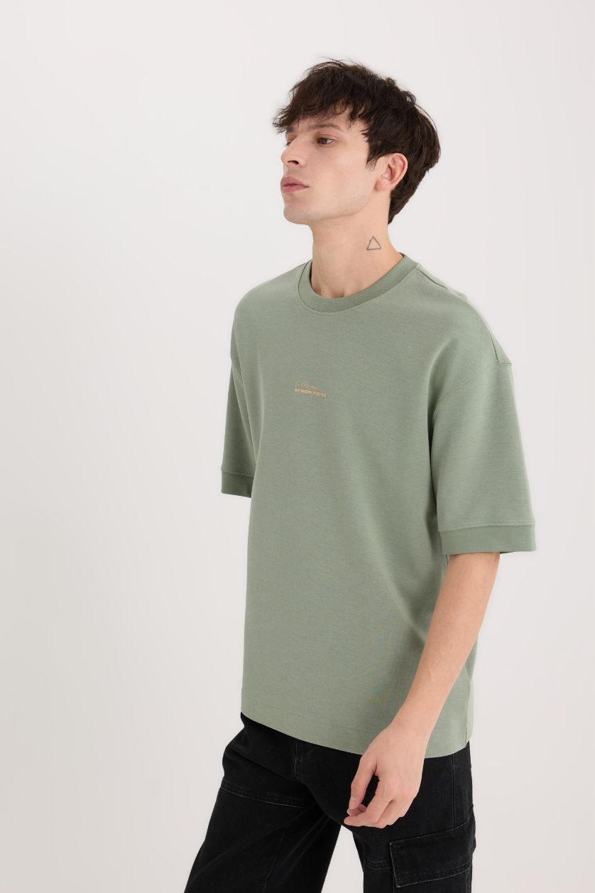 Erkek Açık Yeşil Loose Fit Bisiklet Yaka Baskılı Ağır Kumaş Tişört