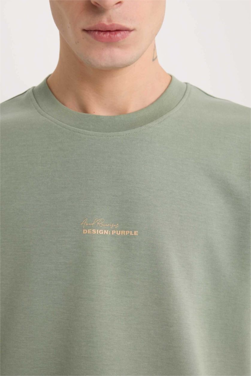 Erkek Açık Yeşil Loose Fit Bisiklet Yaka Baskılı Ağır Kumaş Tişört