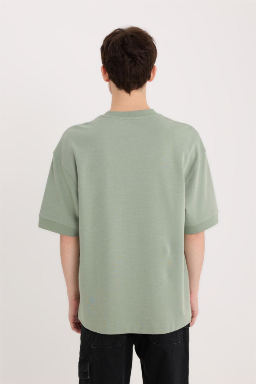 Erkek Açık Yeşil Loose Fit Bisiklet Yaka Baskılı Ağır Kumaş Tişört