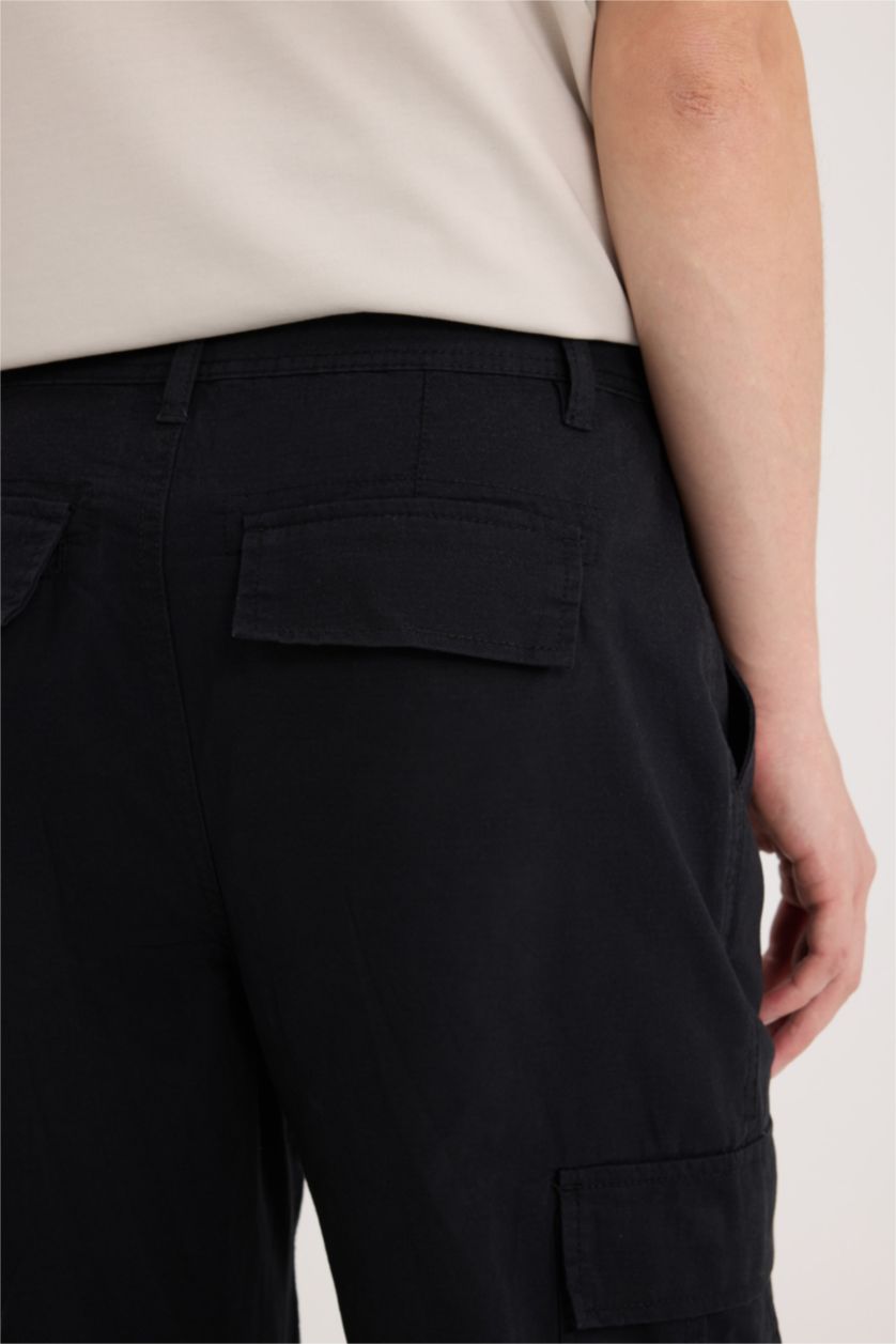 رجالي أسود بنطلون كارجو منسوج وايد ليج برجل واسع وجيب