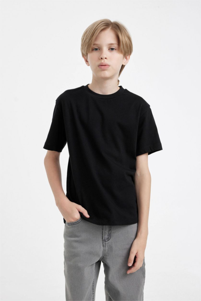 Young Boys - Teen Boys Black Boy Crew Neck Basic Short Sleeve T-Shirt