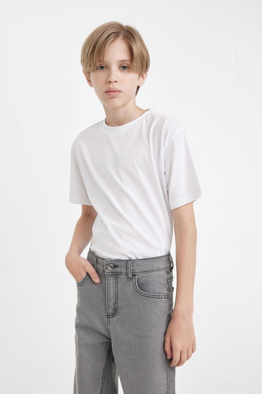 Erkek Çocuk - Genç Erkek Beyaz Bisiklet Yaka Basic Düz Kısa Kollu Tişört Erkek Çocuk